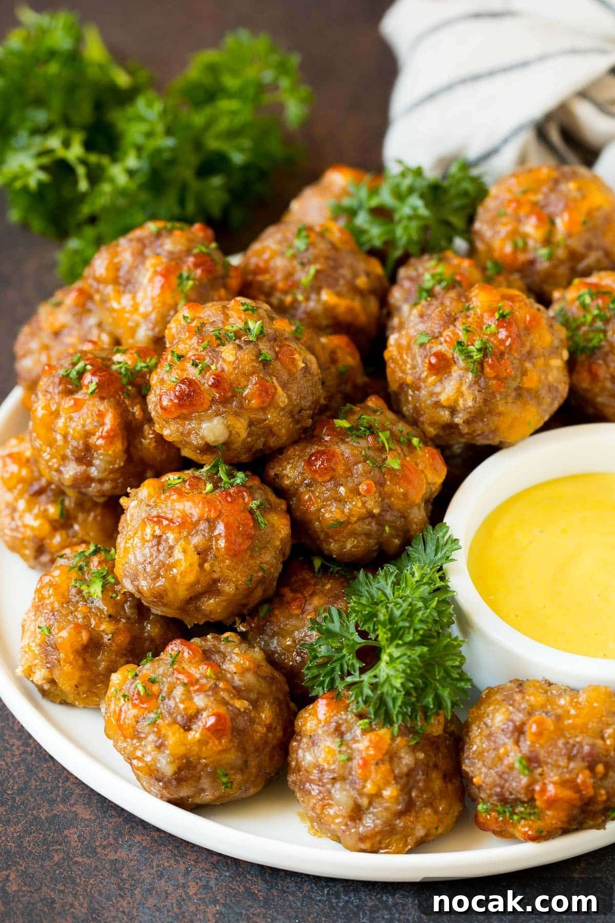 Classic Southern Sausage Balls Recipe with Cheesy Biscuits 2 A serving plate of sausage balls served with dip.