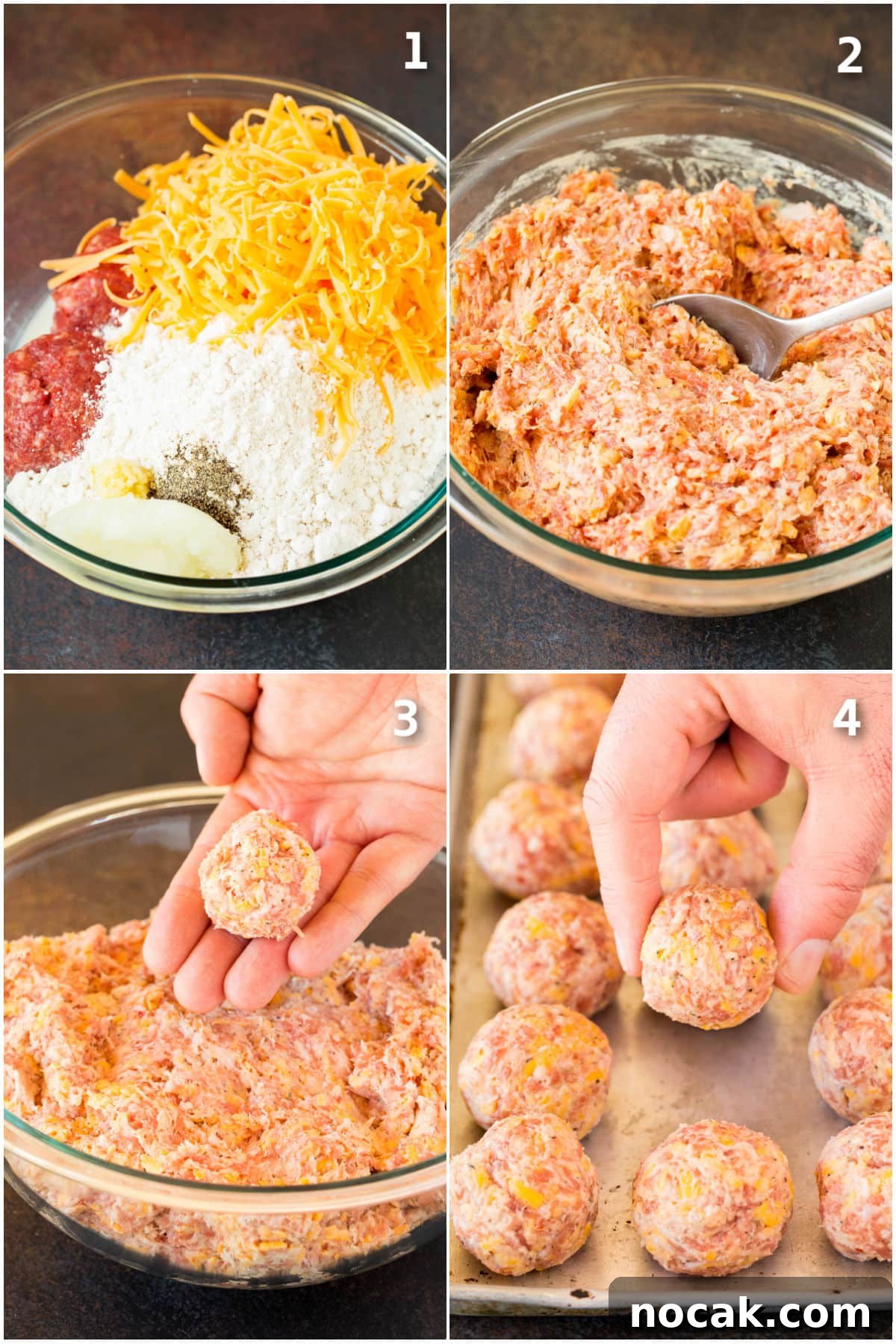 Classic Southern Sausage Balls Recipe with Cheesy Biscuits 4 Step by step shots showing how to make a sausage mixture and shape it into round balls.