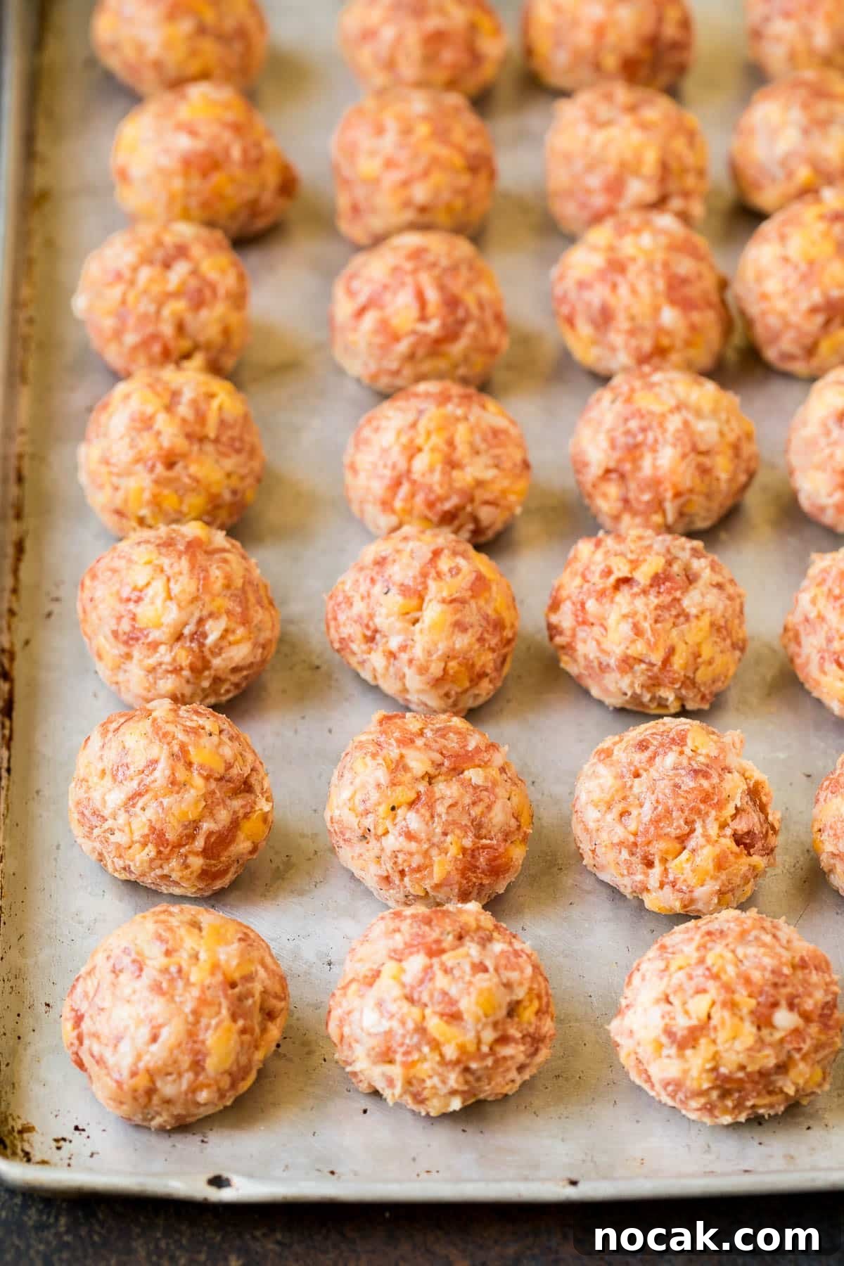 Classic Southern Sausage Balls Recipe with Cheesy Biscuits 5 Raw sausage balls on a sheet pan.
