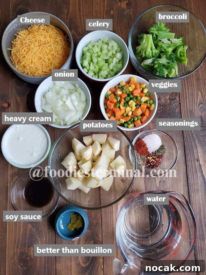 Creamy Vegetable Soup Recipe: Comforting Weeknight Meal 3 soup ingredients on a wooden board