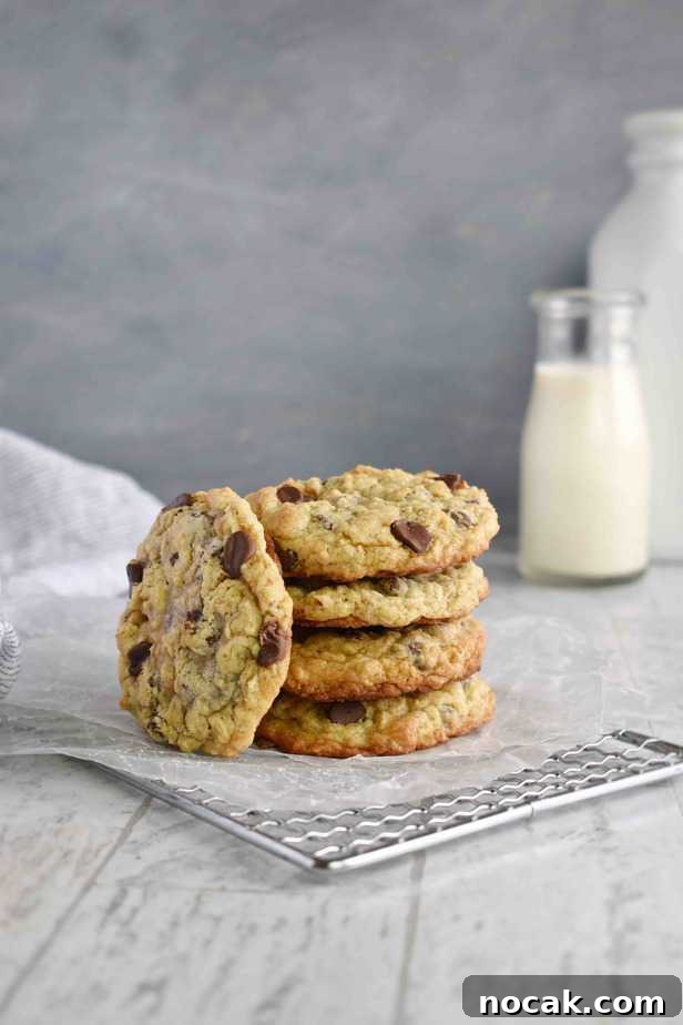 Chewy Oatmeal Chocolate Chip Cookie Recipe for Perfect Texture 2 stack of 4 oatmeal cookies on cooling rack