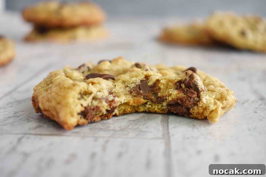 Chewy Oatmeal Chocolate Chip Cookie Recipe for Perfect Texture 3 cookie with bite out of it flat on countertop