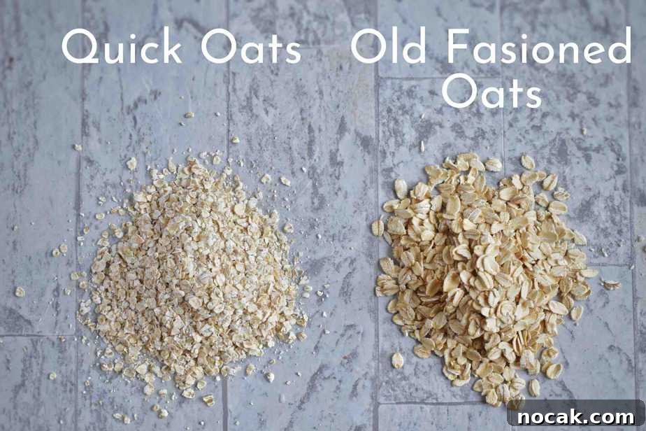 Chewy Oatmeal Chocolate Chip Cookie Recipe for Perfect Texture 4 two piles of oats labeled, showing quick and old fashioned oats