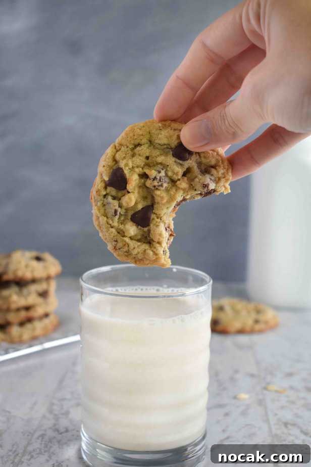 Chewy Oatmeal Chocolate Chip Cookie Recipe for Perfect Texture 5 cookie with bite out of it about to get dunked into milk