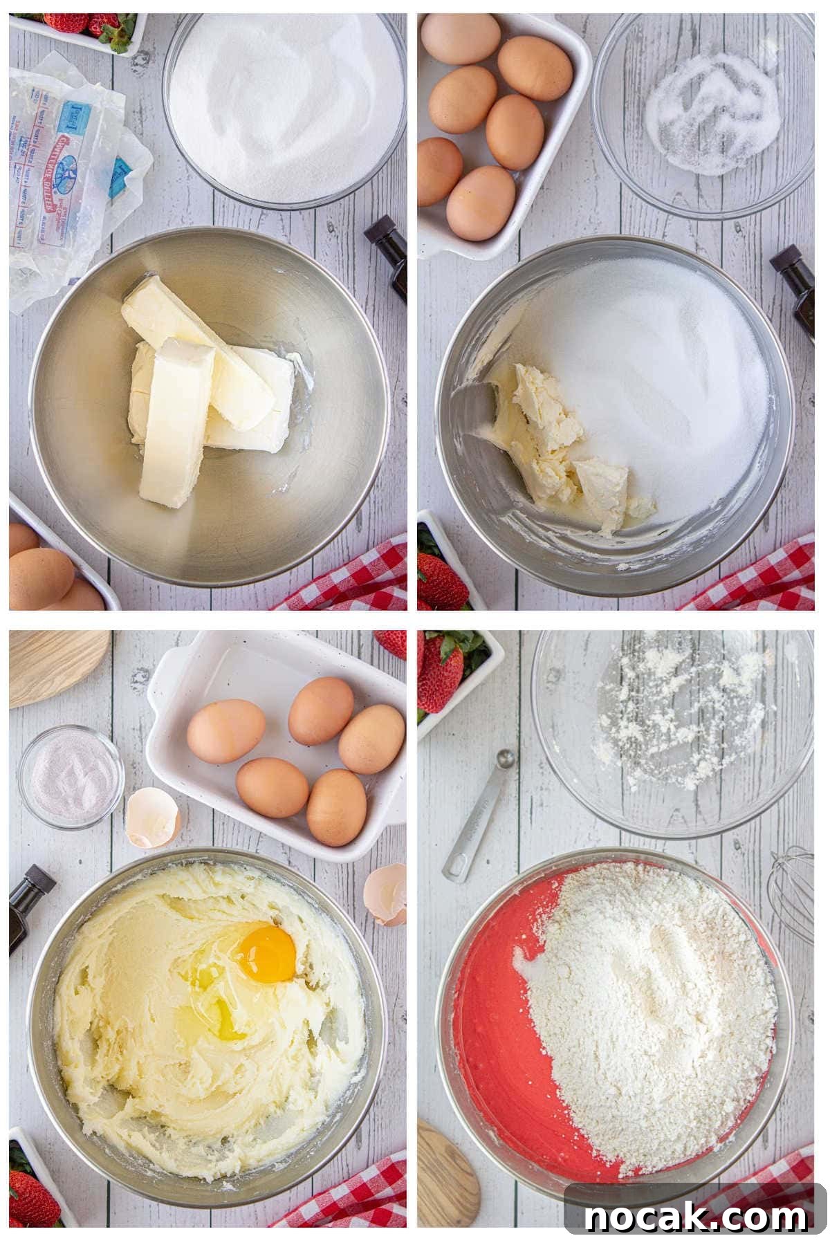 Old-Fashioned Strawberry Pound Cake with Cream Cheese Frosting 5 Four images are showing step by step instructions on how to make a strawberry bundt cake.