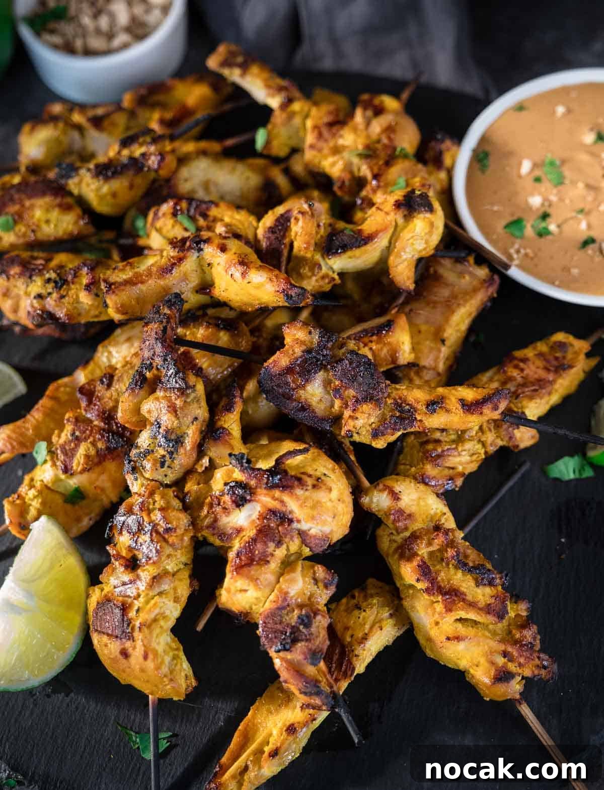 Chicken Satay Skewers with Creamy Peanut Dipping Sauce 8 Chicken Satay on skewers with peanut sauce
