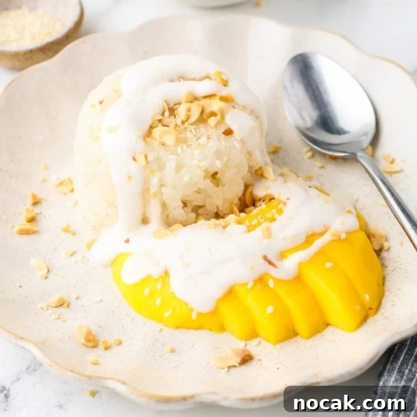 Close-up of mango sticky rice topped with coconut cream and crushed peanuts on a plate.