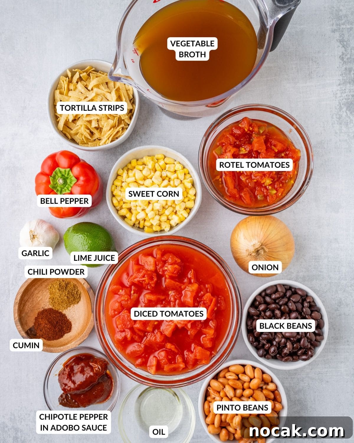 An overhead image of the ingredients of tortilla soup.