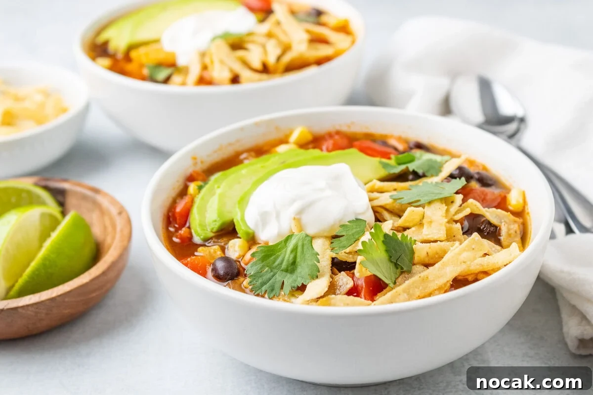 An image of two bowls of tortilla soup.