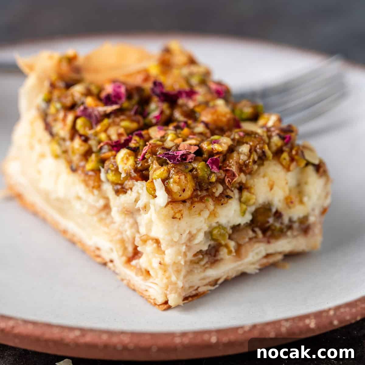 Baklava Cheesecake Bars with Honeyed Pistachios 2 closeup: a slice of baklava cheesecake on white plate with fork off to side