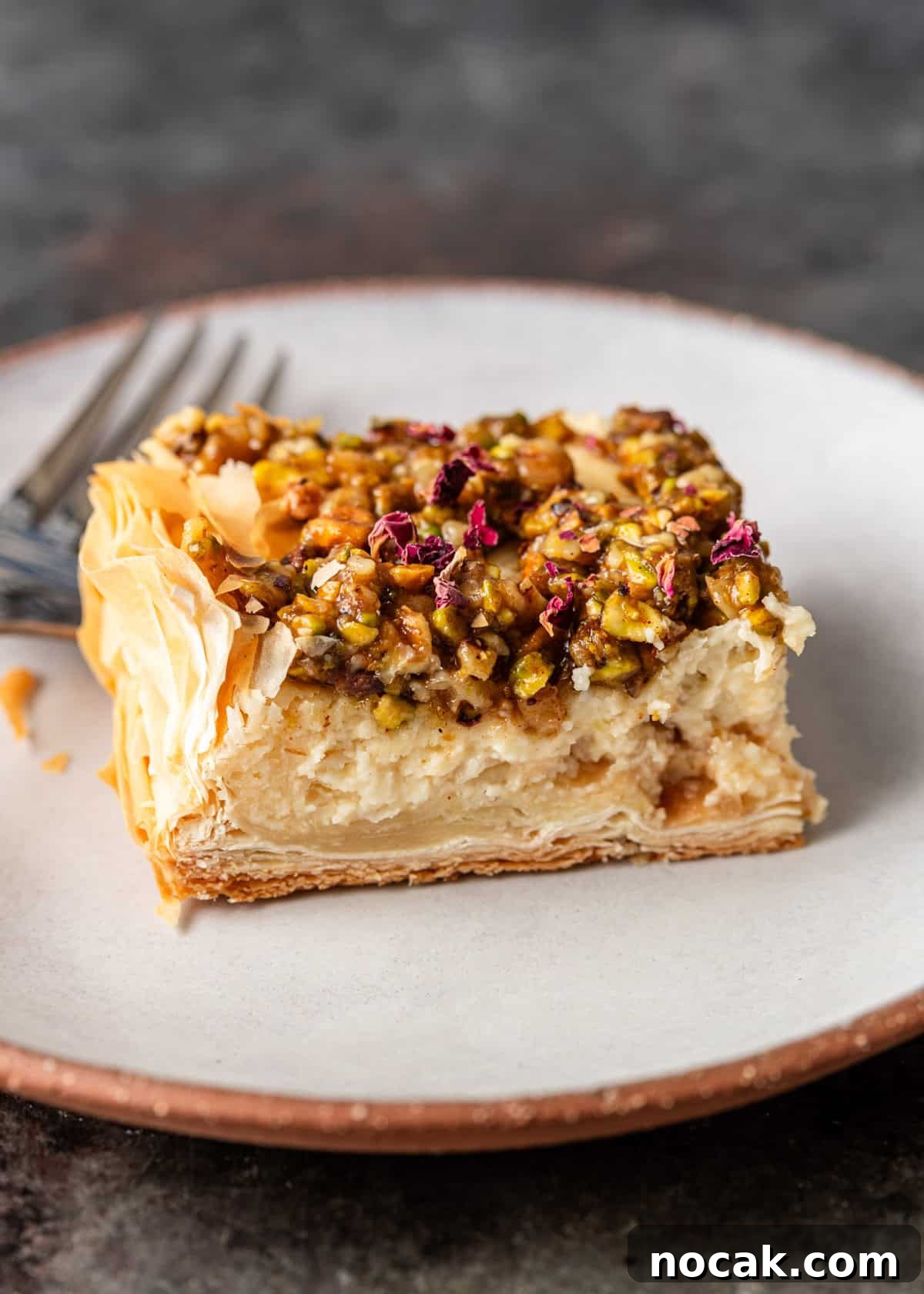 Baklava Cheesecake Bars with Honeyed Pistachios 15 closeup side view: one slice of the Baklava Cheesecake sitting on white plate with fork off to side