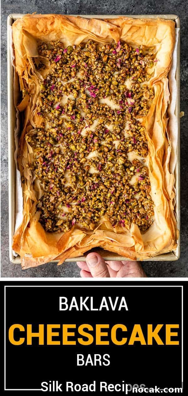 Baklava Cheesecake Bars with Honeyed Pistachios 17 titled image (and shown) Baklava Cheesecake Bars