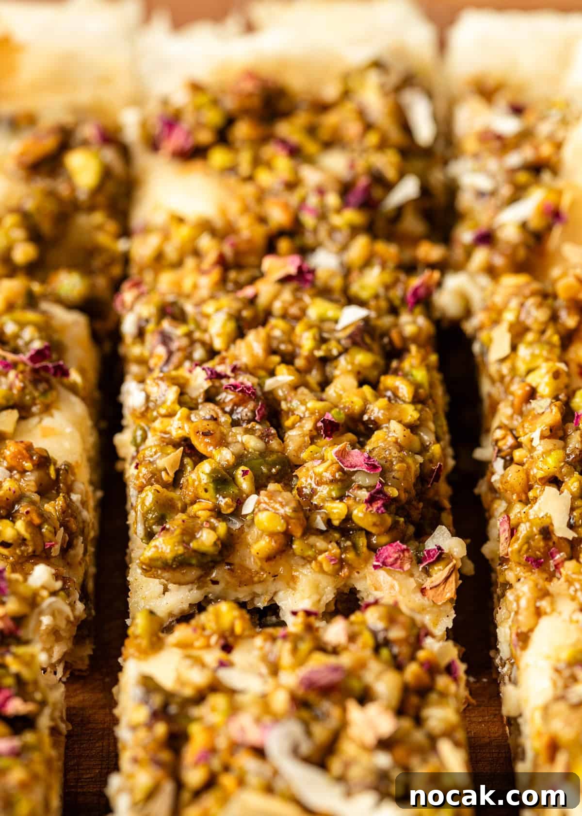 Baklava Cheesecake Bars with Honeyed Pistachios 3 closeup: baklava cheesecake bars sliced on cutting board