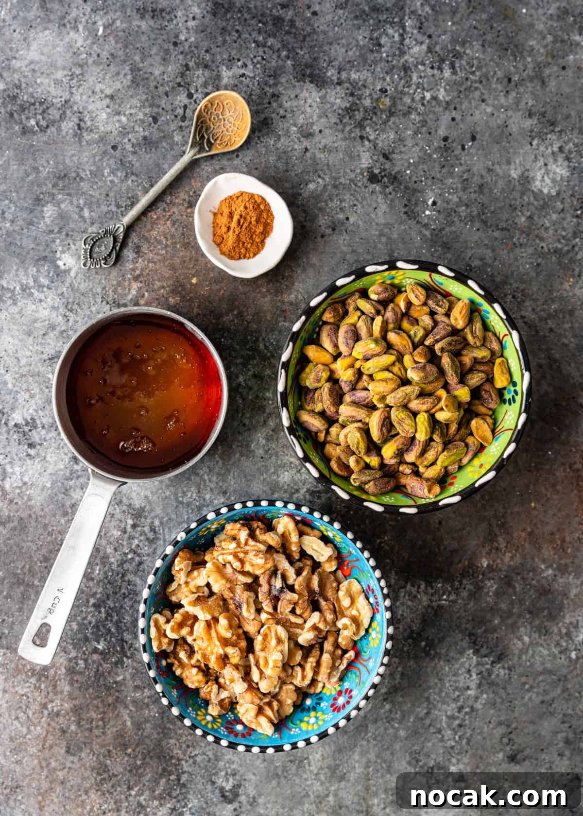 Baklava Cheesecake Bars with Honeyed Pistachios 8 overhead process shot: ingredients to make baklava cheesecake recipe