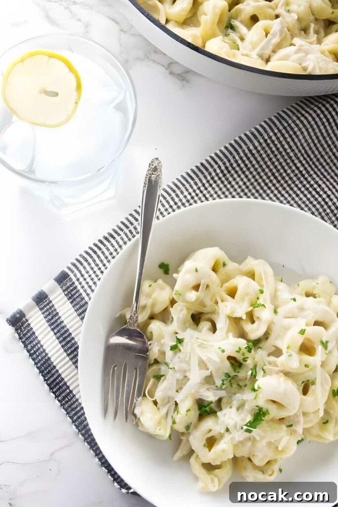 Creamy Chicken Alfredo Tortellini Recipe for Quick Weeknight Dinner 2 Bowl of creamy tortellini with parsley and cheese, fork and lemon water nearby.