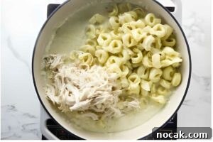 Creamy Chicken Alfredo Tortellini Recipe for Quick Weeknight Dinner 11 Pot of cheese tortellini, shredded chicken, and creamy white sauce on stove.
