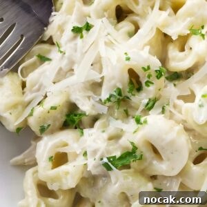Creamy Chicken Alfredo Tortellini Recipe for Quick Weeknight Dinner 6 Close-up of cheese tortellini with Parmesan, parsley, and a fork on the plate.