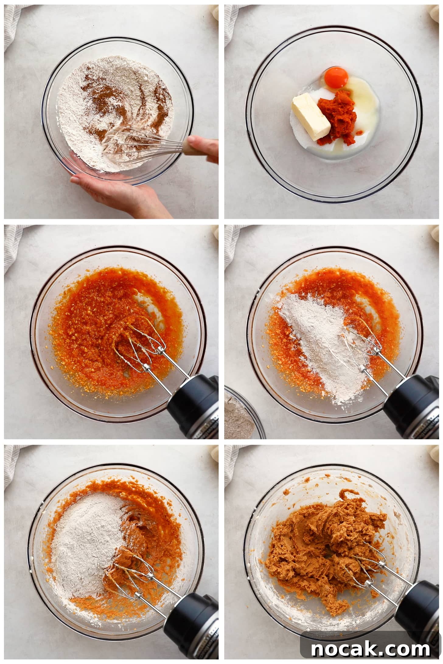 Pumpkin Spice Biscotti Recipe: Crunchy Autumn Cookie Guide 3 Photo collage demonstrating how to make pumpkin biscotti dough in a glass mixing bowl with a hand mixer.