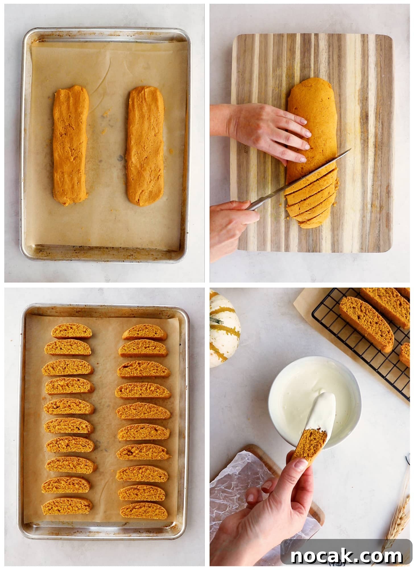Pumpkin Spice Biscotti Recipe: Crunchy Autumn Cookie Guide 4 Photo collage demonstrating how to shape and cut pumpkin biscotti.