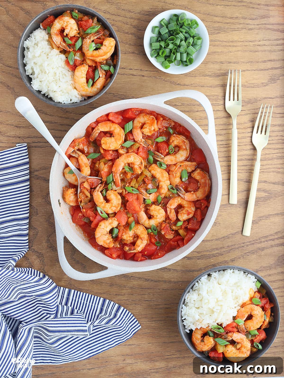 Authentic Louisiana Shrimp Creole Recipe — Classic Creole Flavor 2 large white casserole dish of shrimp creole garnished with sliced green onions