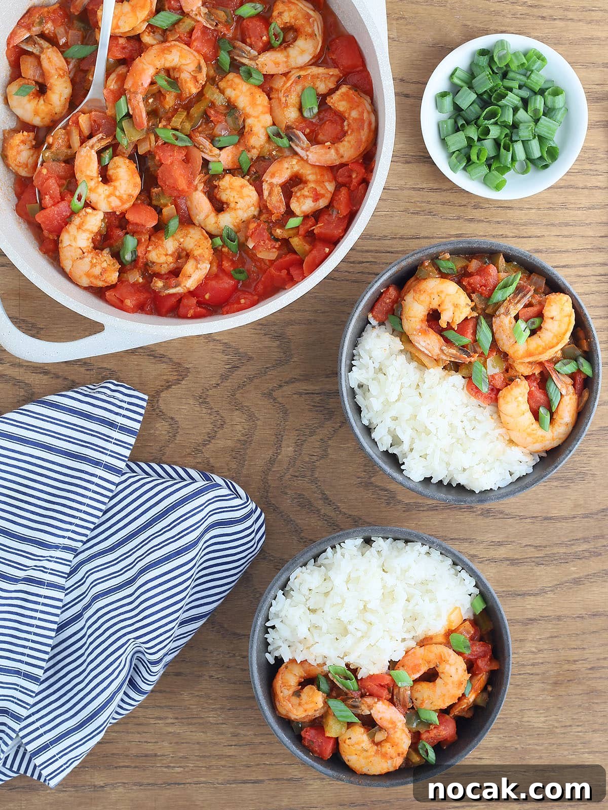 Authentic Louisiana Shrimp Creole Recipe — Classic Creole Flavor 9 two servings of shrimp creole with rice in gray serving bowls