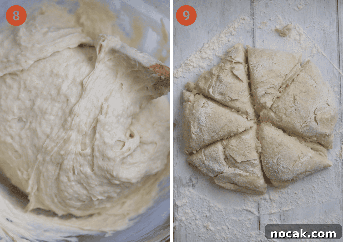 Gluten-Free Hawaiian Rolls Recipe: Soft, Sweet, and Vegan Option 8 A close up of the bread dough and (right) the dough divided into 9 portions.