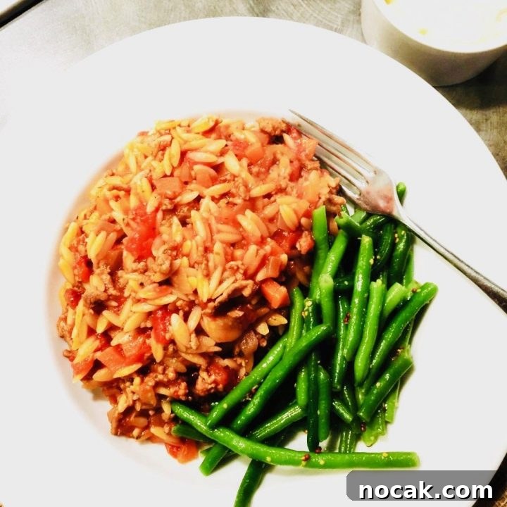 one pot orzo beef bolognese served with green beans