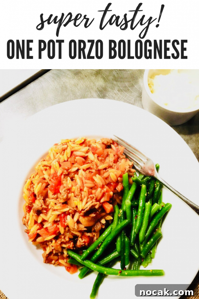 One-Pot Orzo Bolognese Recipe for Flavorful Weeknight Dinners 11 one pot orzo beef bolognese served with green beans. Text overlay "super tasty one pot orzo bolognese"