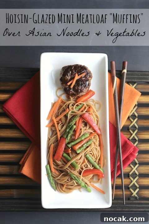 Hoisin-Glazed Mini Meatloaf Muffins Over Asian Noodles & Veggies 11 Recipe text image