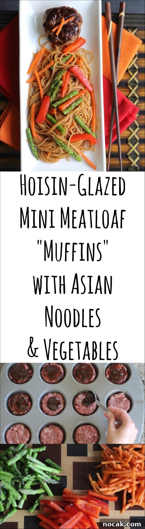 Hoisin-Glazed Mini Meatloaf Muffins Over Asian Noodles & Veggies 12 Recipe collage