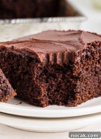 a square of chocolate cake on a stack of two white serving plates with a baking dish in the background