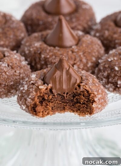 Plate of Hershey Kiss Chocolate Cookies, with a bite taken out of one.