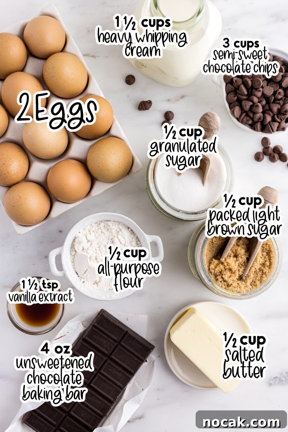 Fudgy Brownie Cupcakes with Gooey Chocolate Centers 3 All ingredients to make this brownie on the counter in bowls and serving dishes, with text overlays.
