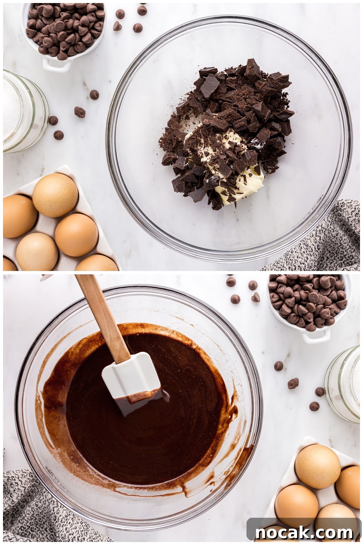 Fudgy Brownie Cupcakes with Gooey Chocolate Centers 4 Melting the chocolate and the butter in a bowl until smooth, with other ingredients in the background.