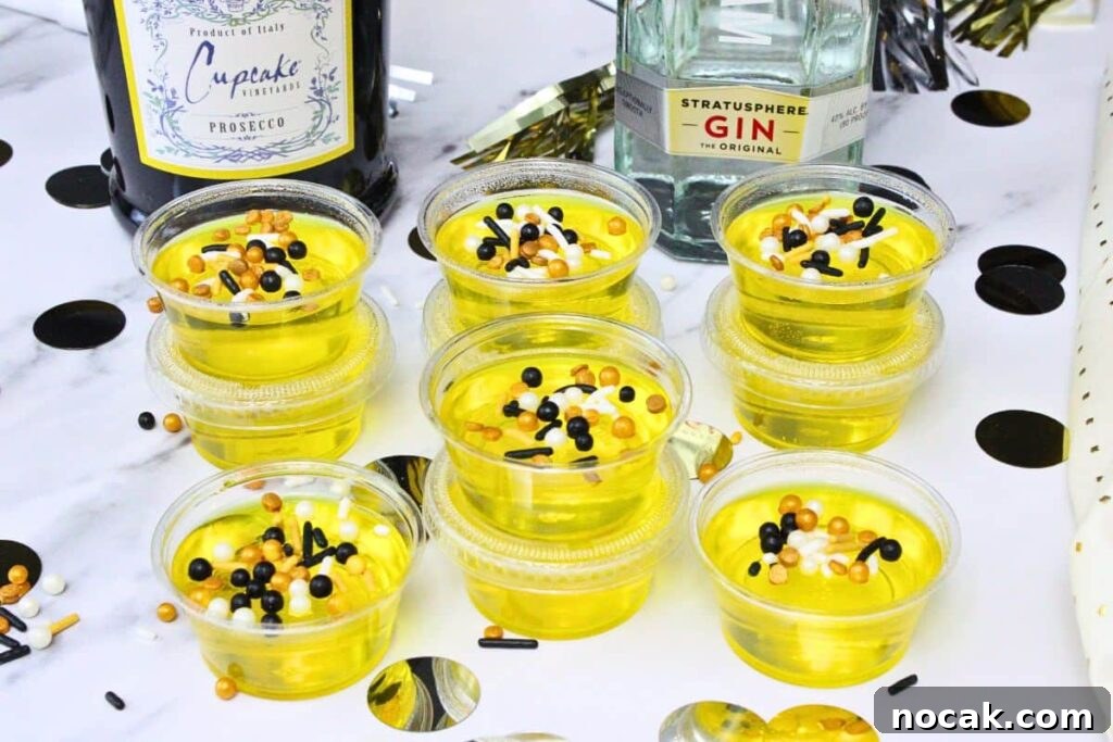French 75 Jello Shots for a Sparkling New Year’s Party 3 french 75 jello shots topped with black and gold sprinkles in front of gin and champagne bottles