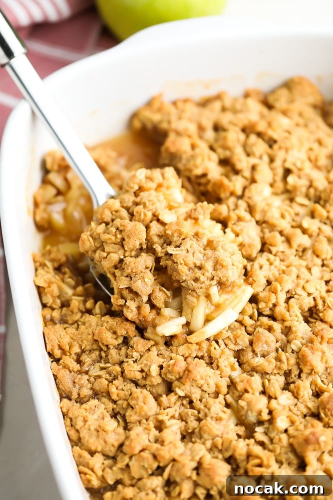 Cinnamon Apple Crisp with Vegan Streusel Topping 5 sliver spoon pulling a scoop of crisp out of casserole dish