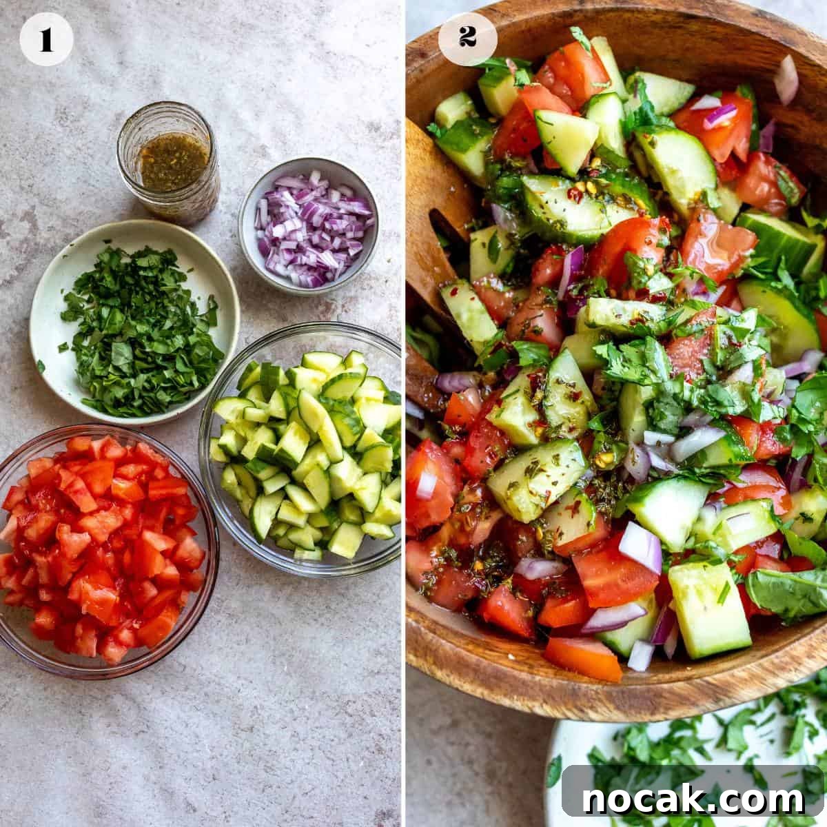 Cucumber and Tomato Salad with Fresh Herbs and Lemon Dressing 4 Steps to make the recipe in bowls
