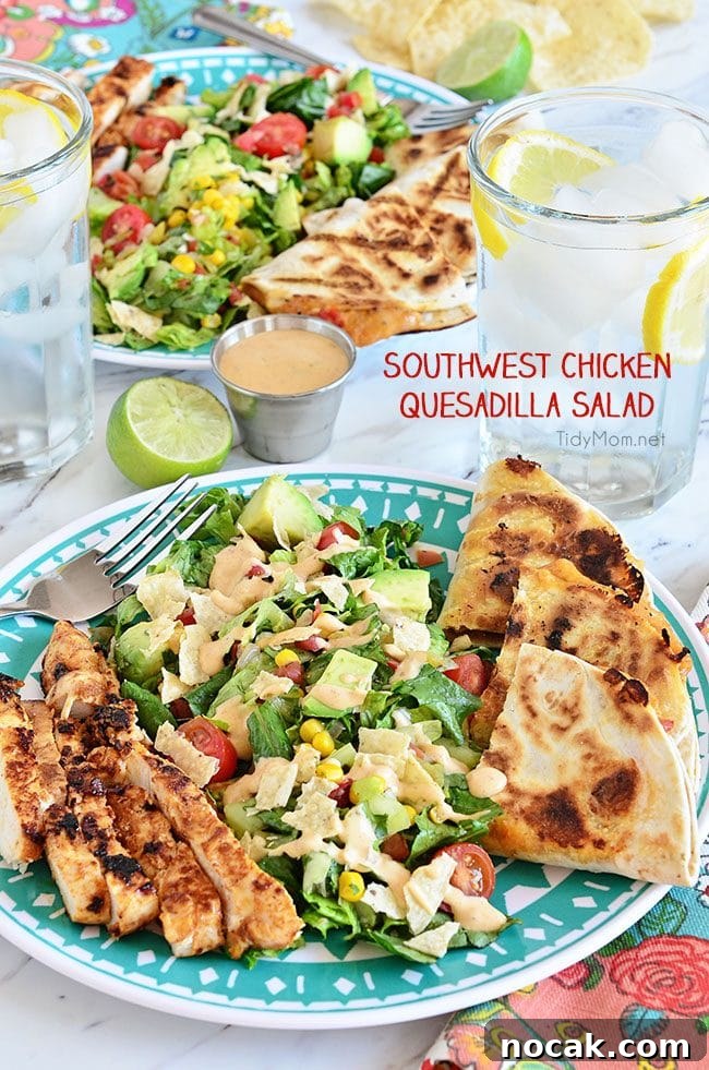 Southwest Chicken Quesadilla Salad is like an explosion in your mouth. Super easy to throw together.