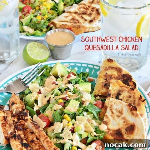 Southwest Chicken Quesadilla Salad is like an explosion in your mouth. Super easy to throw together.