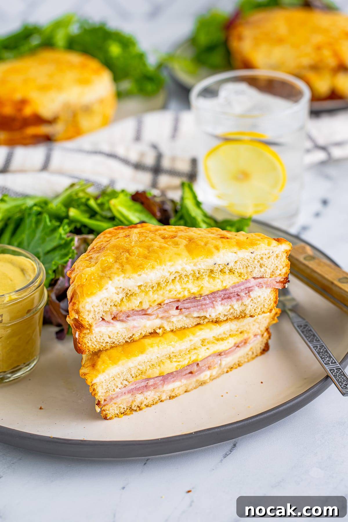 Two stacked slices of the Croque Monsieur Recipe on plate.