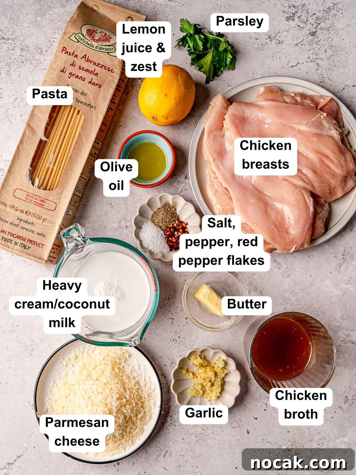 The ingredients for creamy lemon chicken pasta.