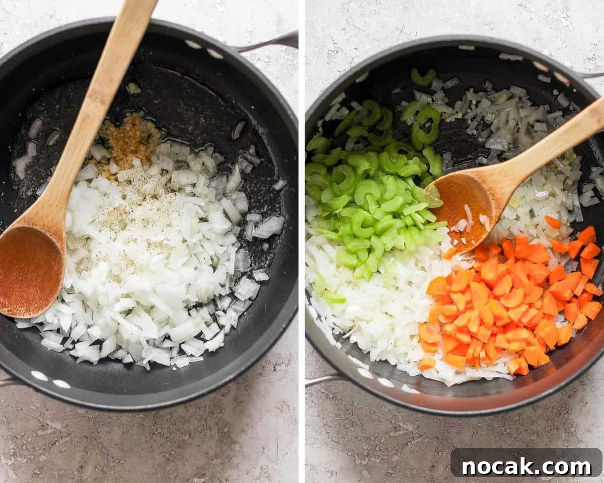 Two images showing the garlic and onion in the pot and then the carrots and celery added.