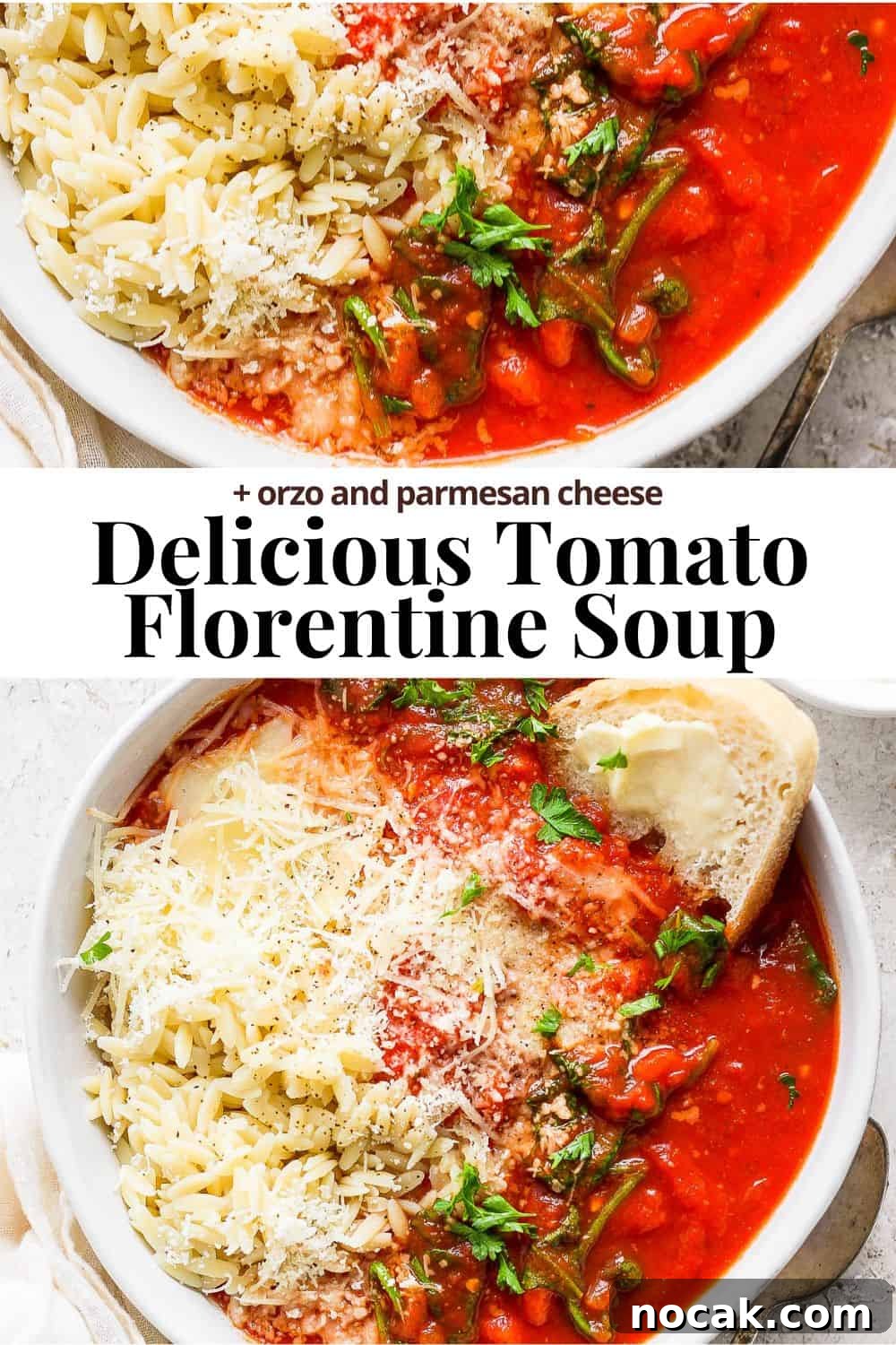 Pinterest image for tomato florentine soup.