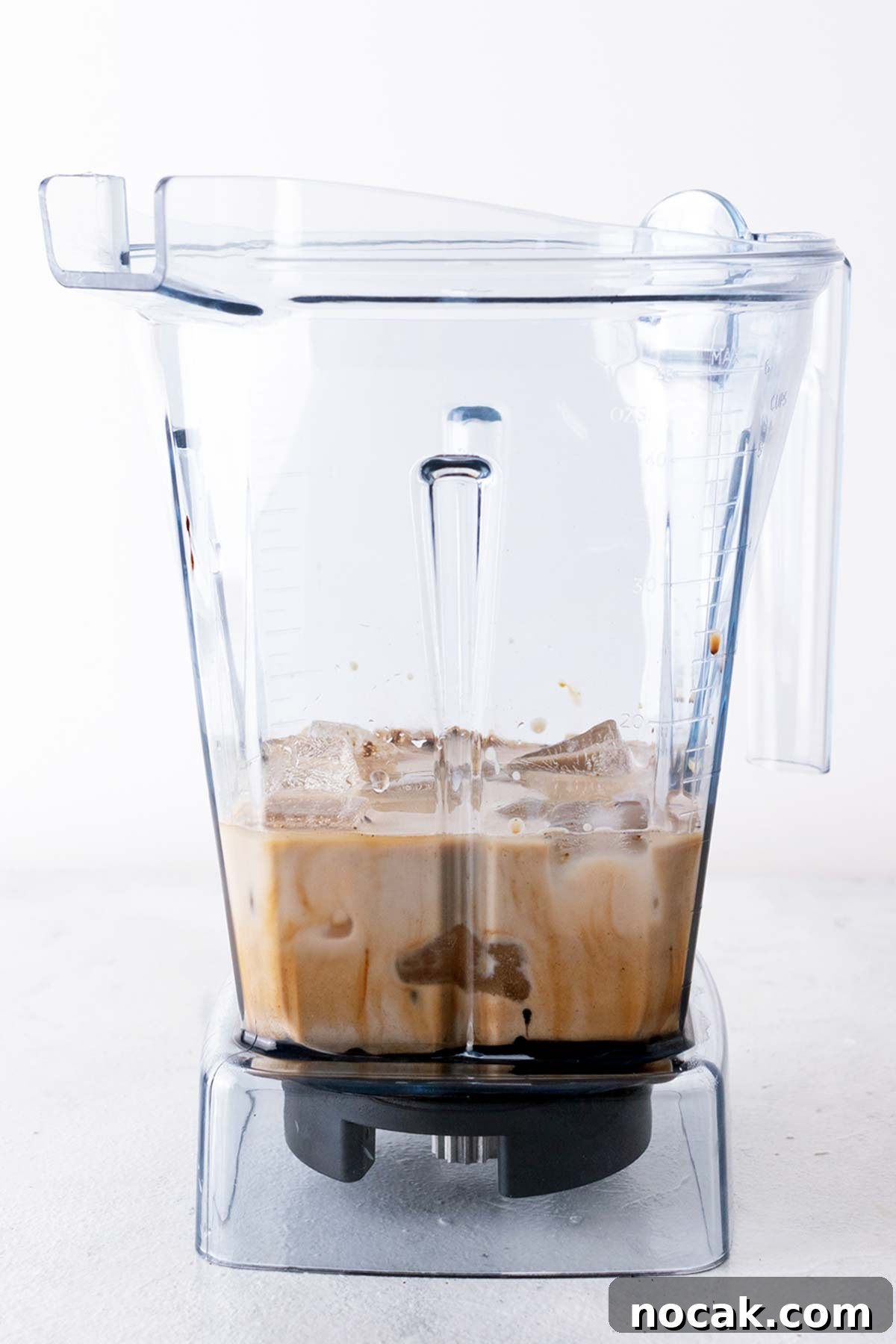 Chocolate sauce, chocolate chips, instant coffee, milk, ice, and homemade Frappuccino base syrup in a blender. 