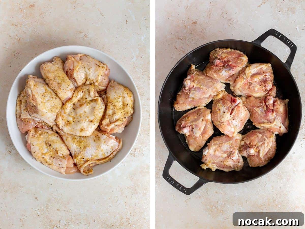 Crispy Cast-Iron Chicken Thighs with Roasted Potatoes 4 Set of two photos showing chicken thighs seasoned and seared skin-side down.