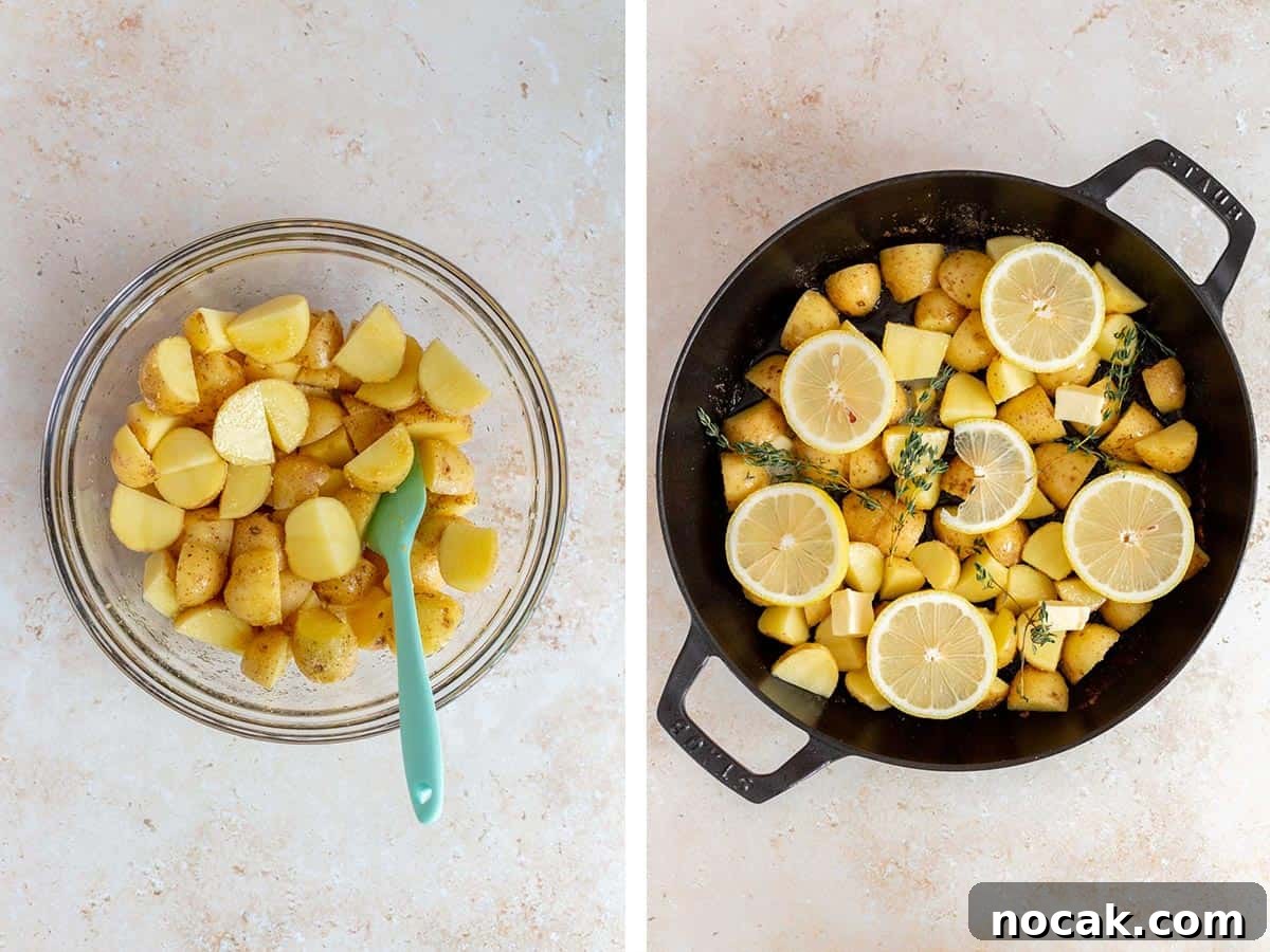 Crispy Cast-Iron Chicken Thighs with Roasted Potatoes 5 Set of two photos showing potatoes seasoned and added to the cast iron along with sliced lemon, thyme, and butter.
