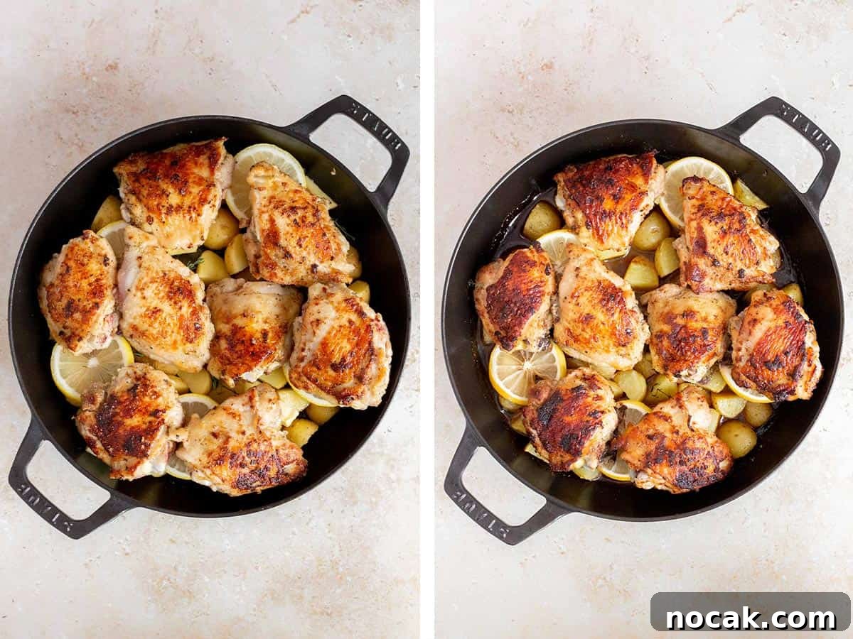 Crispy Cast-Iron Chicken Thighs with Roasted Potatoes 6 Set of two photos showing chicken thighs placed on top of the potatoes and baked.