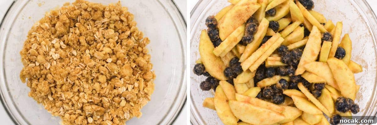 process shots of making streusel topping in bowl and tossing fruit with other ingredients in another bowl