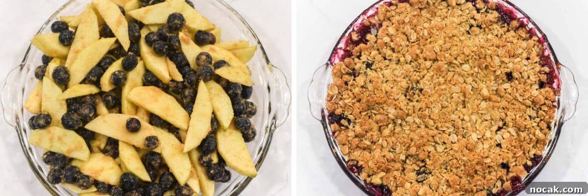 process shots of adding filling to pie dish, topping with streusel and baking