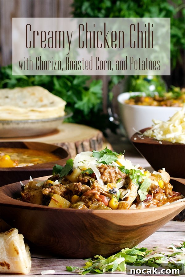 Creamy Chicken and Chorizo Chili with Roasted Corn 2 A bowl of creamy chicken chili with roasted corn, chorizo, and cheese.